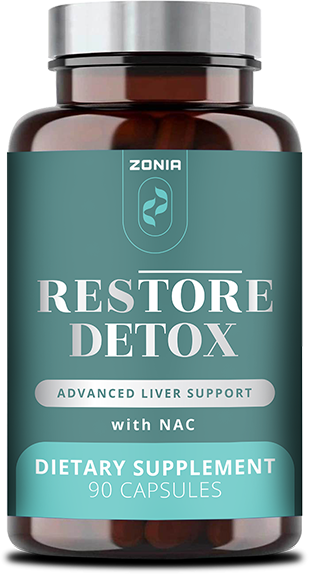 An amber glass bottle of Zonia Restore Detox dietary supplement. The teal and silver label states "Advanced Liver Support with NAC" and indicates 90 capsules.